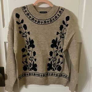 S. Christina 100% Cashmere Beige and Black Floral Crew Neck Sweater